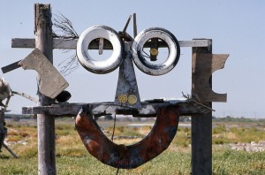 Smile with tire eyes and innertube mouth, Flotsam Art, Emeryville, California        